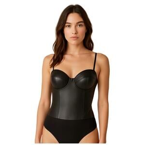 INC International Concepts Black Faux Leather Bodysuit, Size M